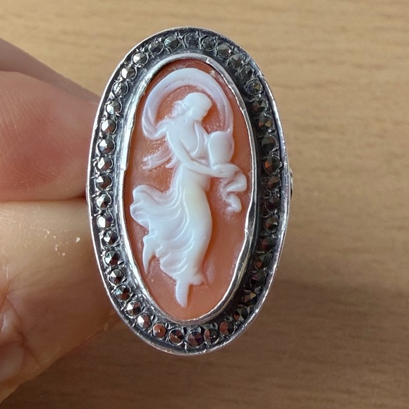 VINTAGE EUROPEAN LARGE CAMEO MARCASITE RING 925 STERLING SILVER ORNATE STATEMENT
